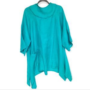 Turquoise Italian Linen Hooded Tunic Top Size L